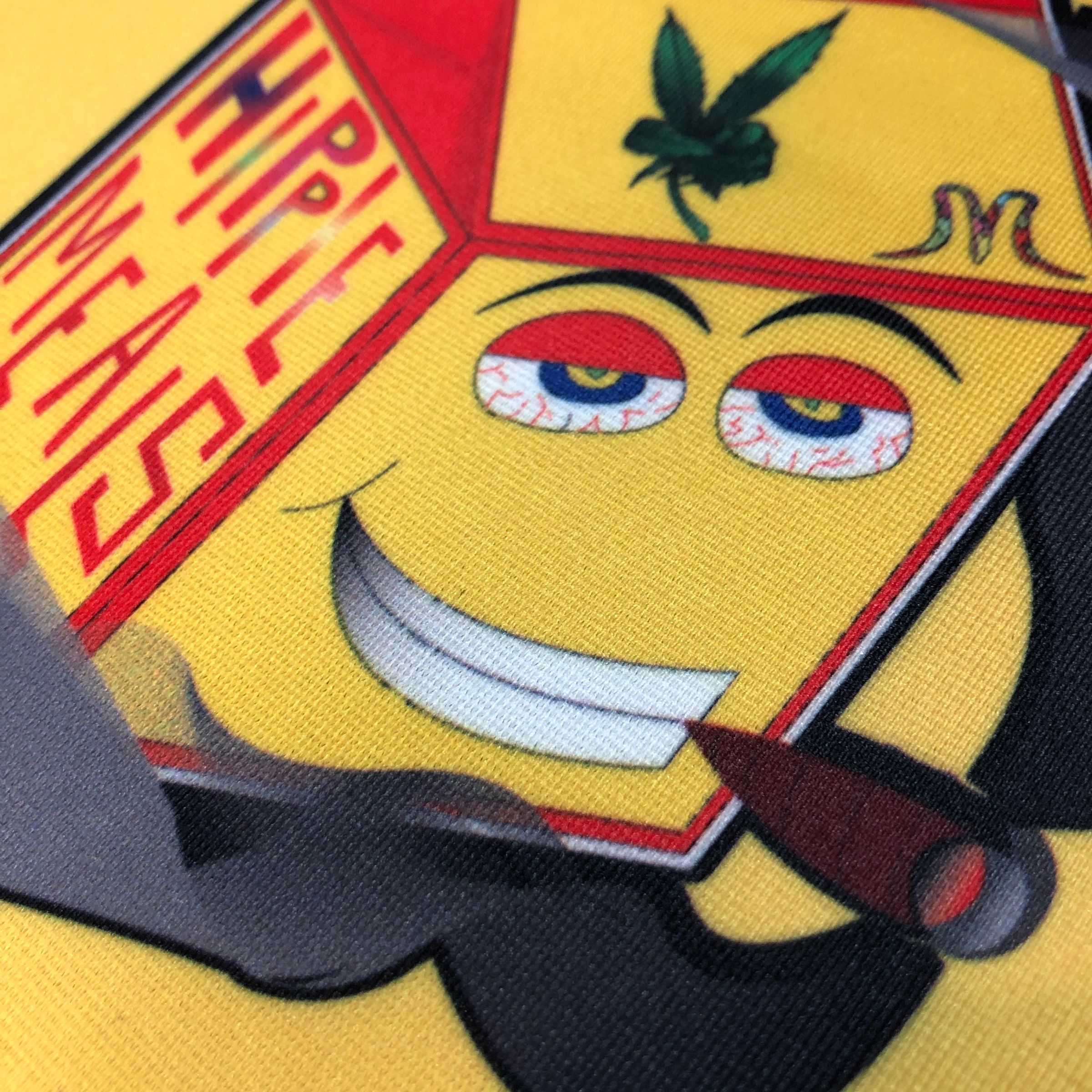 Close-up of full-color dye-sublimated print on a Hippie Meals 6ft custom table throw