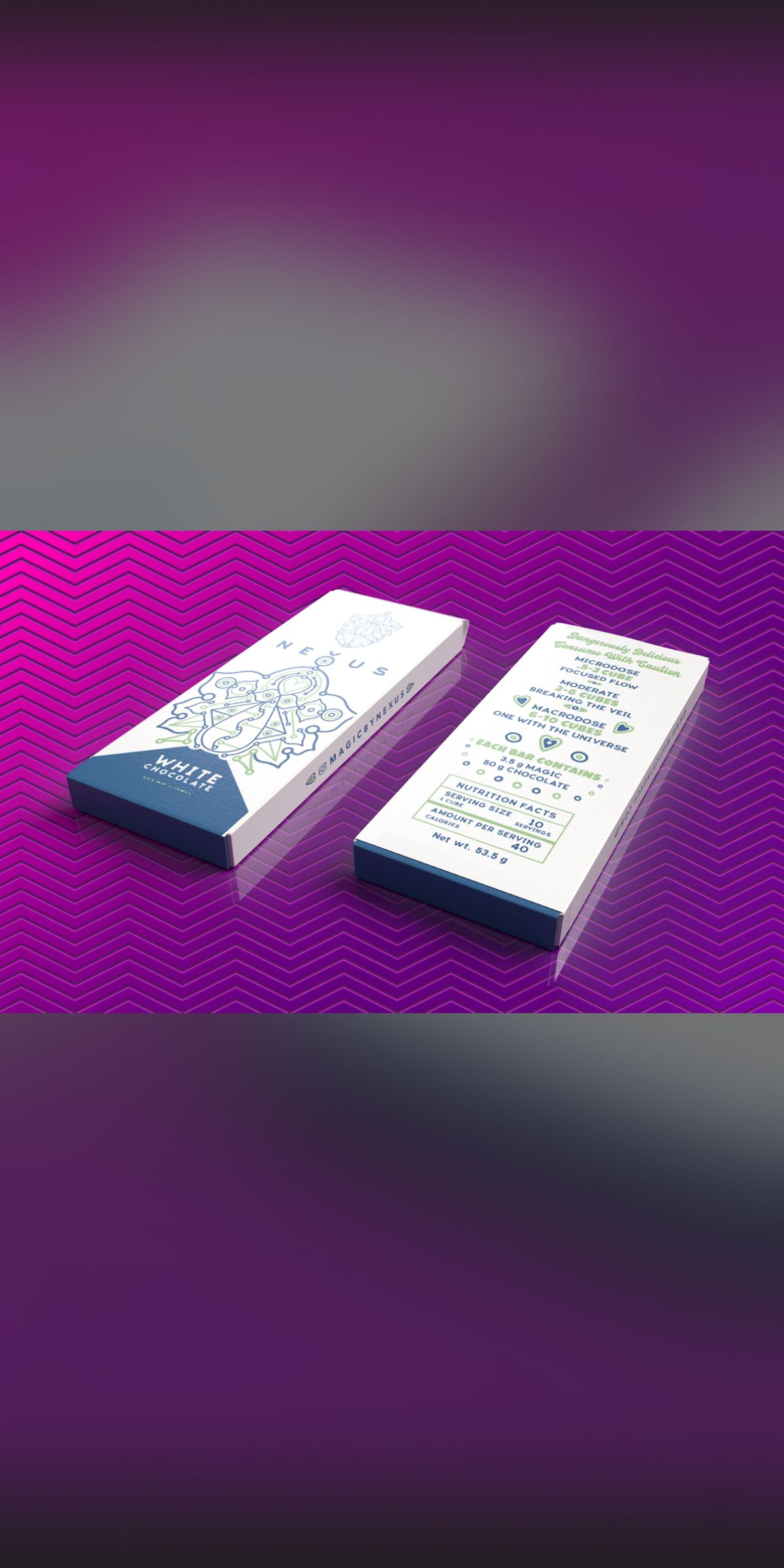 Two Nexus chocolate boxes on a purple background