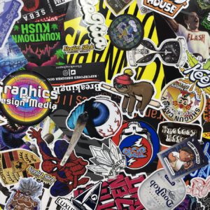 Custom die cut logo stickers brand flat lay