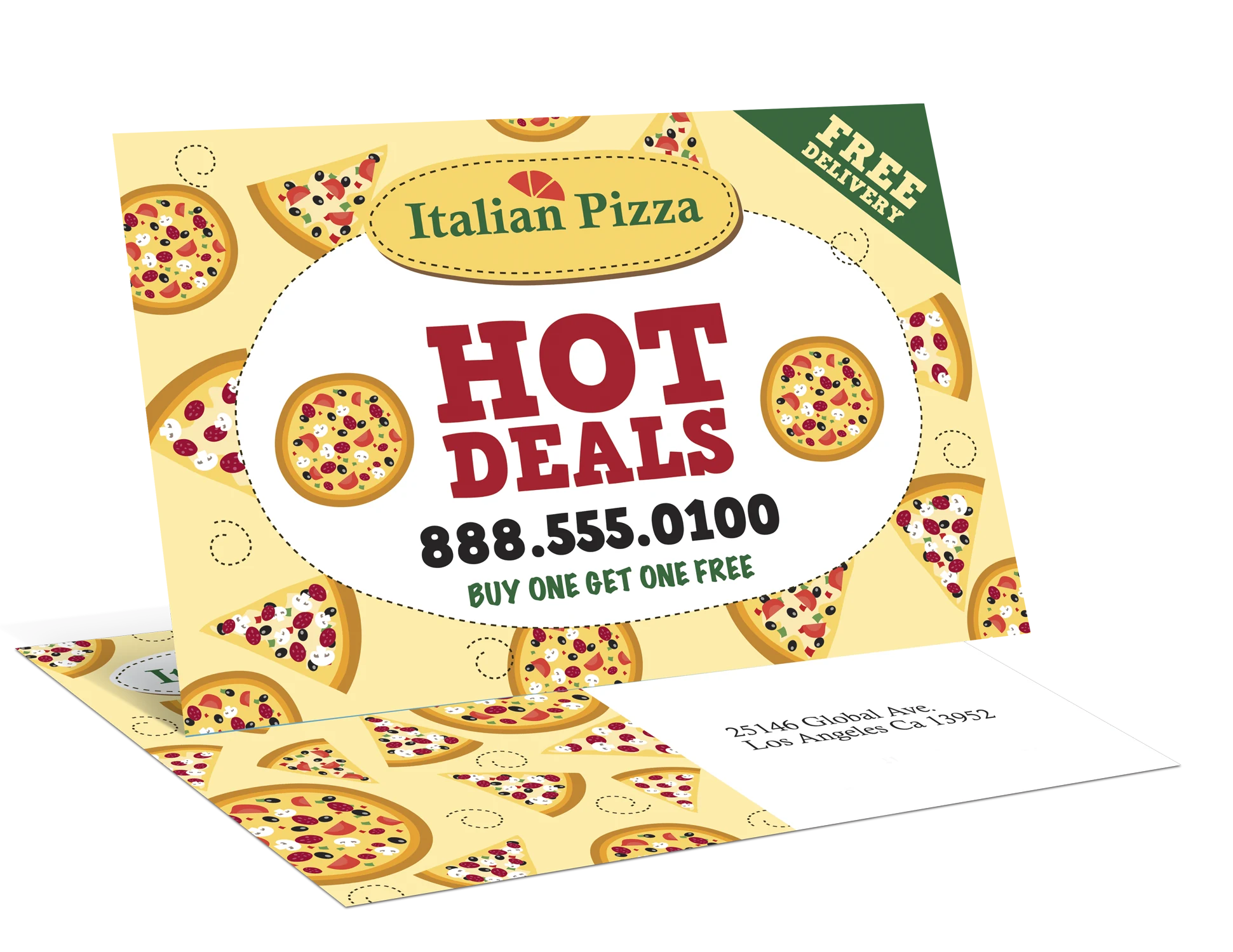Pizza restaurant promotional postcard front and back