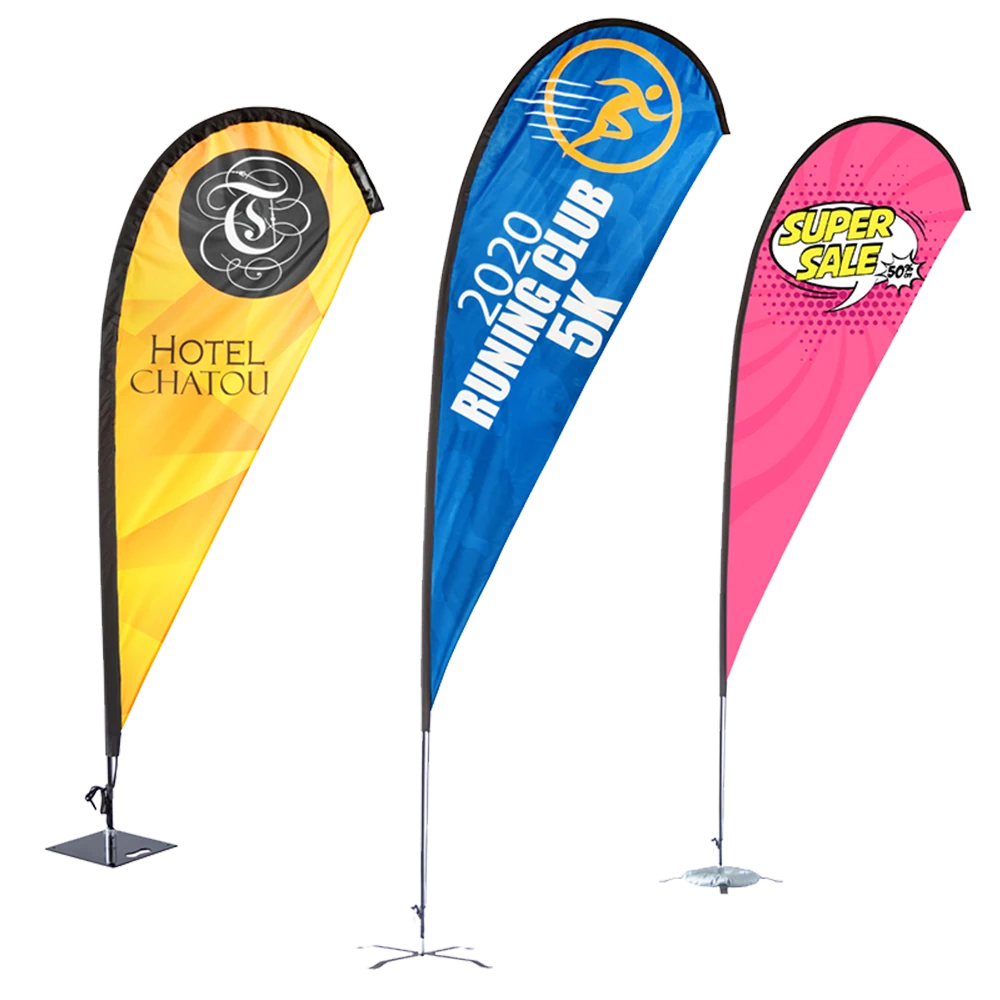 Three custom printed teardrop flags