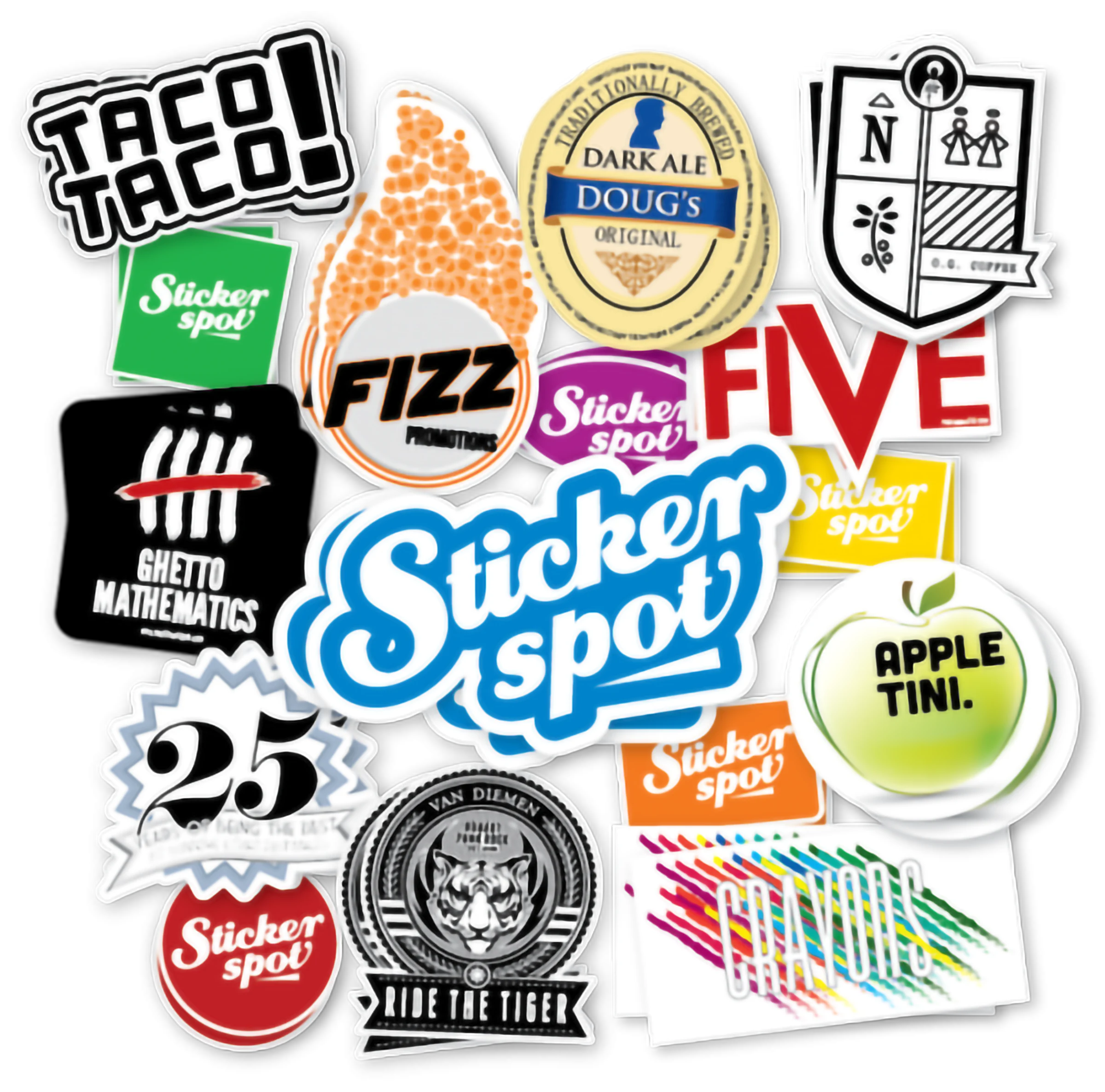 Large assortment of custom printed vinyl stickers