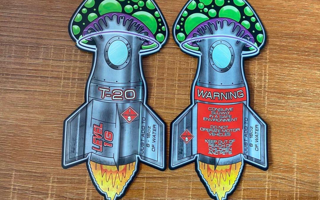 Finished printed rocket shaped die-cut mylar bags