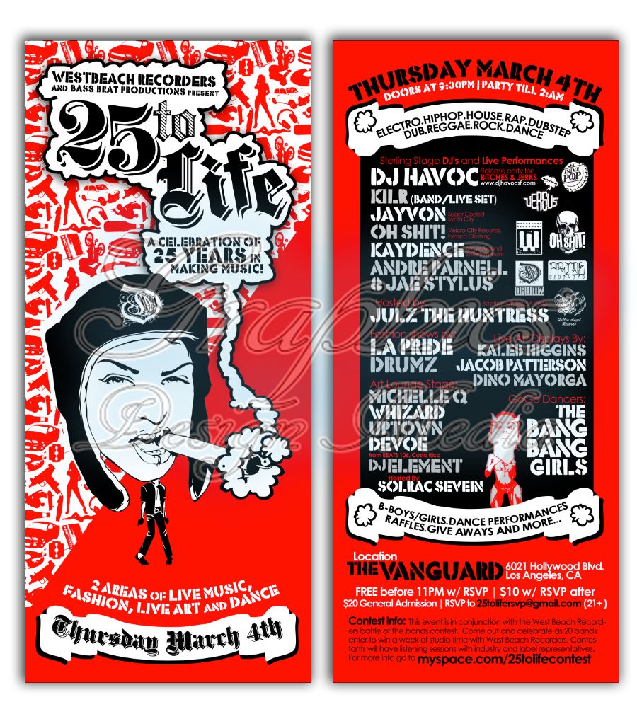Red and black two-sided event flyer for 25 to Life