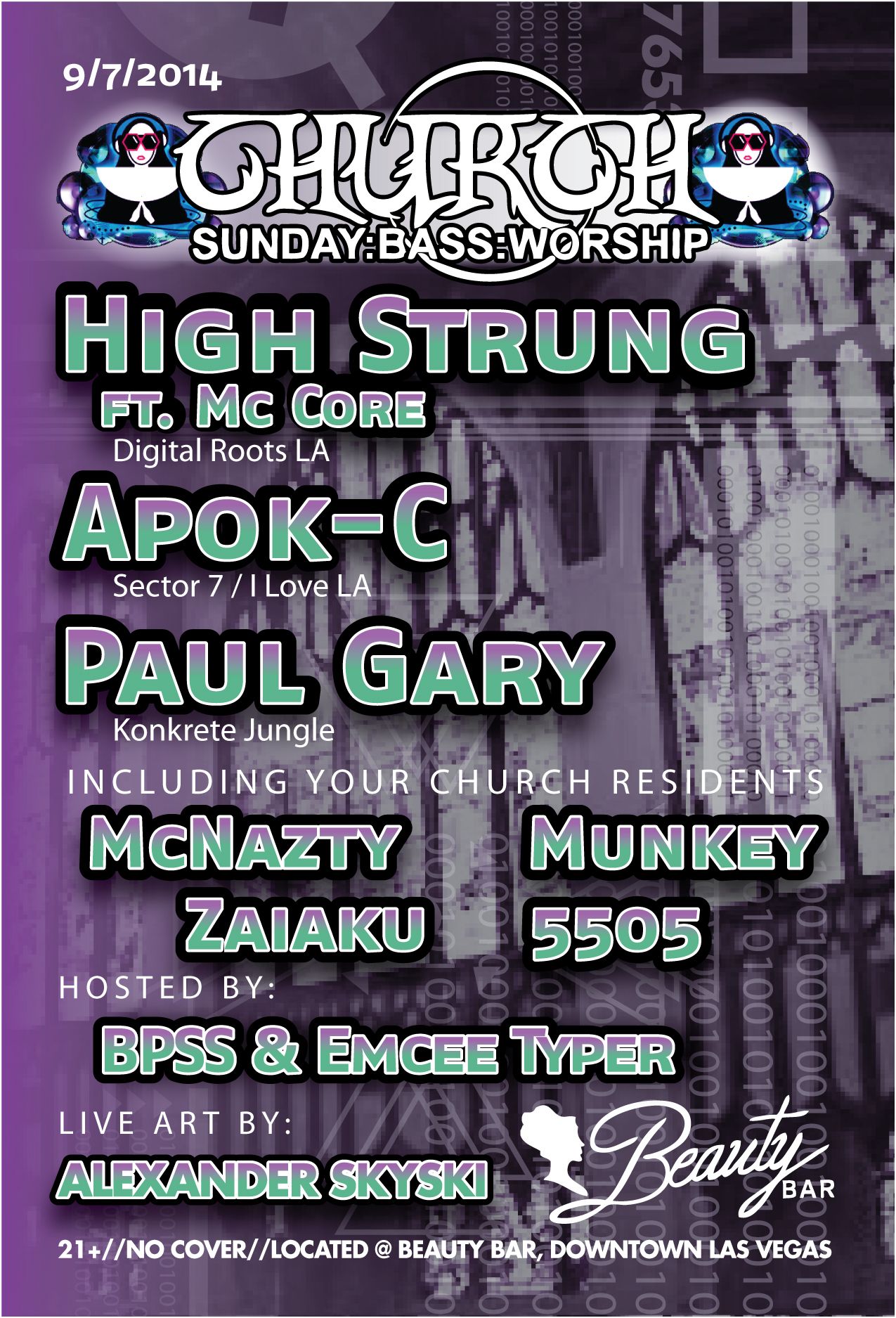Purple club event flyer with DJ lineup for Church Sunday Bass Worship