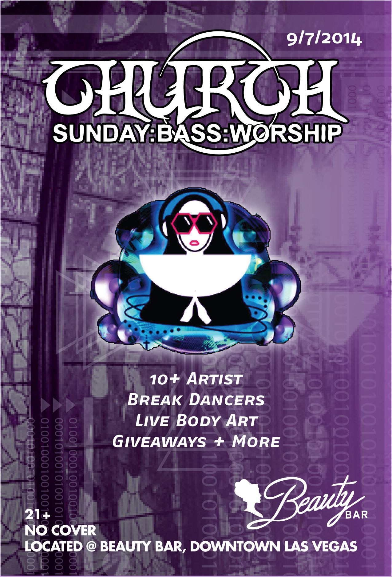 Purple club event flyer front for Church Sunday Bass Worship