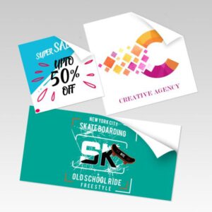 Roll of custom printed standard stickers with vibrant full-color designs from Graphics Design Media