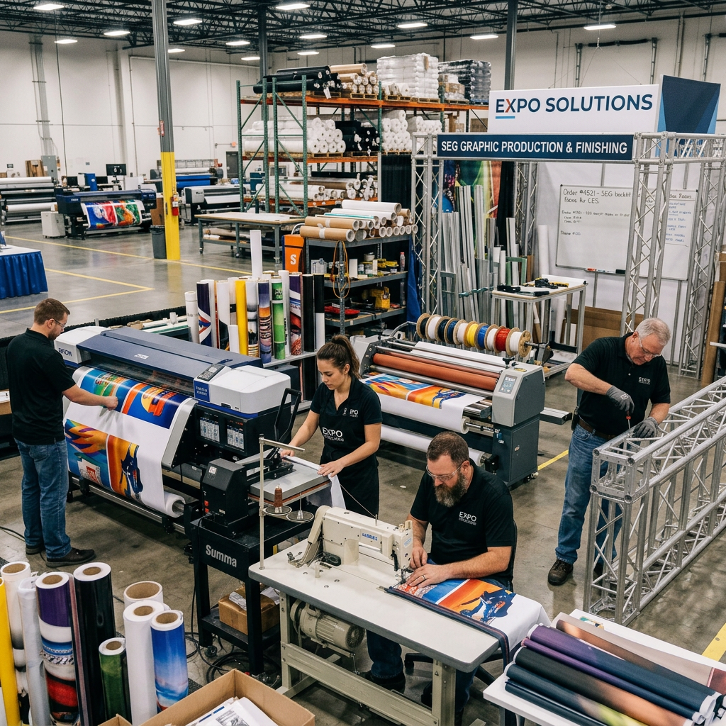 Workers operating printing machines and assembling expo materials at fabrication and printing booth