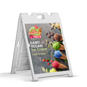 Graphics Design Media A-frame sidewalk sign advertising dairy and vegan ice cream flavors outside a shop.