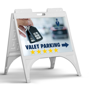 Graphics Design Media A-frame sidewalk sign directing customers to valet parking with a five-star rating graphic.
