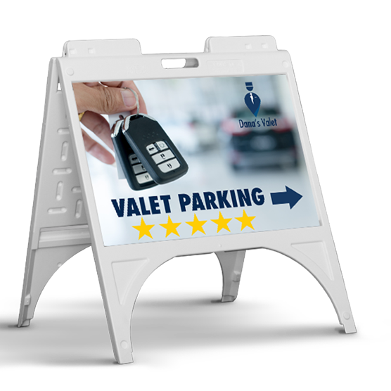 Graphics Design Media A-frame sidewalk sign directing customers to valet parking with a five-star rating graphic.