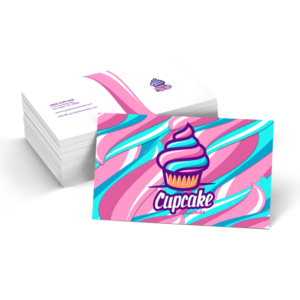 Graphics Design Media custom business cards for a cupcake bakery, printed with a bright colorful cupcake logo front and back.