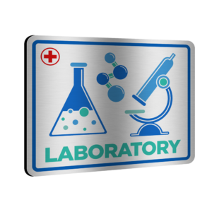 Graphics Design Media brushed metal laboratory sign plate with printed flask, molecule, and microscope icons.