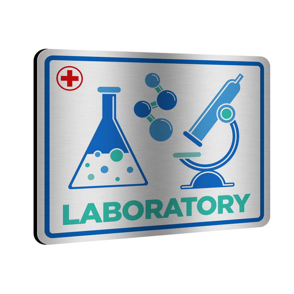 Graphics Design Media brushed metal laboratory sign plate with printed flask, molecule, and microscope icons.