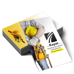 Graphics Design Media custom business cards printed for a construction company featuring a worker in a hard hat and tool belt.