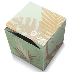 Graphics Design Media custom printed cube box packaging for an organic hand lotion product with a botanical leaf design.
