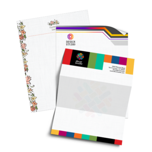 Graphics Design Media custom printed letterhead stationery sheets shown with a design studio and floral flower shop layout.