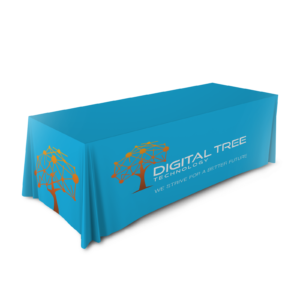 Graphics Design Media custom printed four-sided table throw covering a trade show table with a technology company logo.
