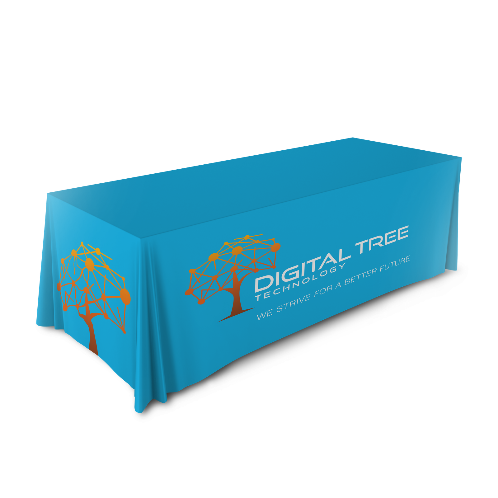 Graphics Design Media custom printed four-sided table throw covering a trade show table with a technology company logo.