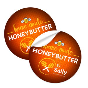 Graphics Design Media custom round and square peel-and-stick labels printed with a homemade honey butter brand design.
