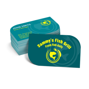Graphics Design Media custom die-cut shaped business cards printed for a seafood restaurant with a curved corner design.
