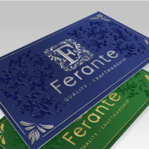 Graphics Design Media dual raised foil business cards with raised metallic foil accents on both sides of the card.