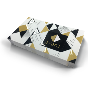 Graphics Design Media custom business cards featuring a bold gold and silver foil-stamped geometric triangle design.