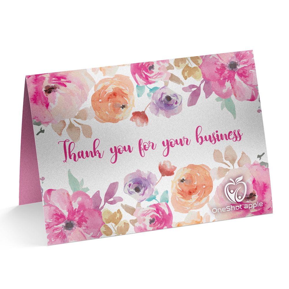 Graphics Design Media custom folded thank you greeting card printed with a watercolor floral design for a small business.