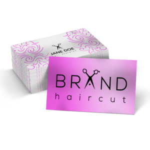 Graphics Design Media prints glossy business cards, pictured here in pink and white for a hair stylist and salon brand.