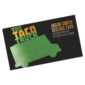 Graphics Design Media metallic foil business card on black stock with a custom truck illustration.