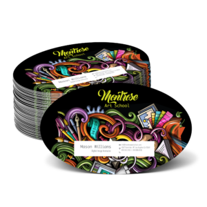 Graphics Design Media custom rounded oval business cards printed for an art school with a colorful doodle-art design.