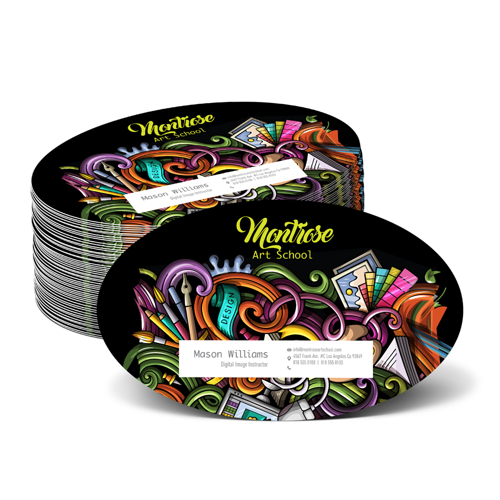 Graphics Design Media custom rounded oval business cards printed for an art school with a colorful doodle-art design.