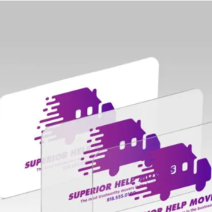 Graphics Design Media plastic business cards available in clear, frosted, and white finishes.