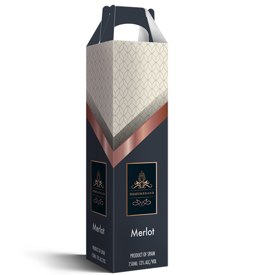 Graphics Design Media custom printed premium wine gable box packaging with an elegant dark and rose gold Merlot label design.
