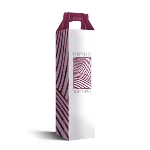 Graphics Design Media custom printed wine bottle gable gift box with a striped vineyard-themed design and carrying handle.