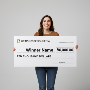 Woman holding a giant novelty check cutout for a $10,000 prize, printed by Graphics Design Media in Las Vegas