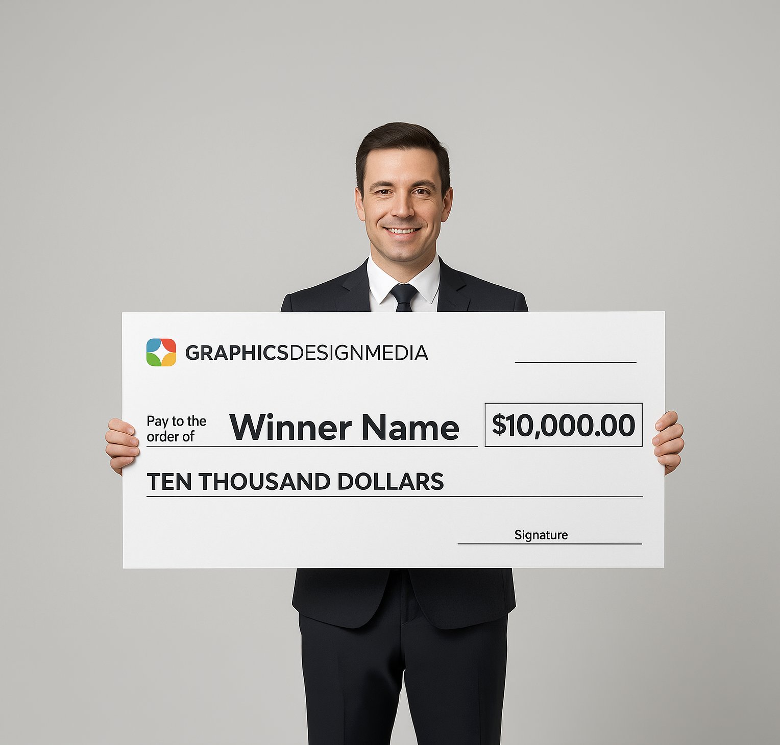 Man holding a giant novelty check cutout for a $10,000 prize, printed by Graphics Design Media in Las Vegas