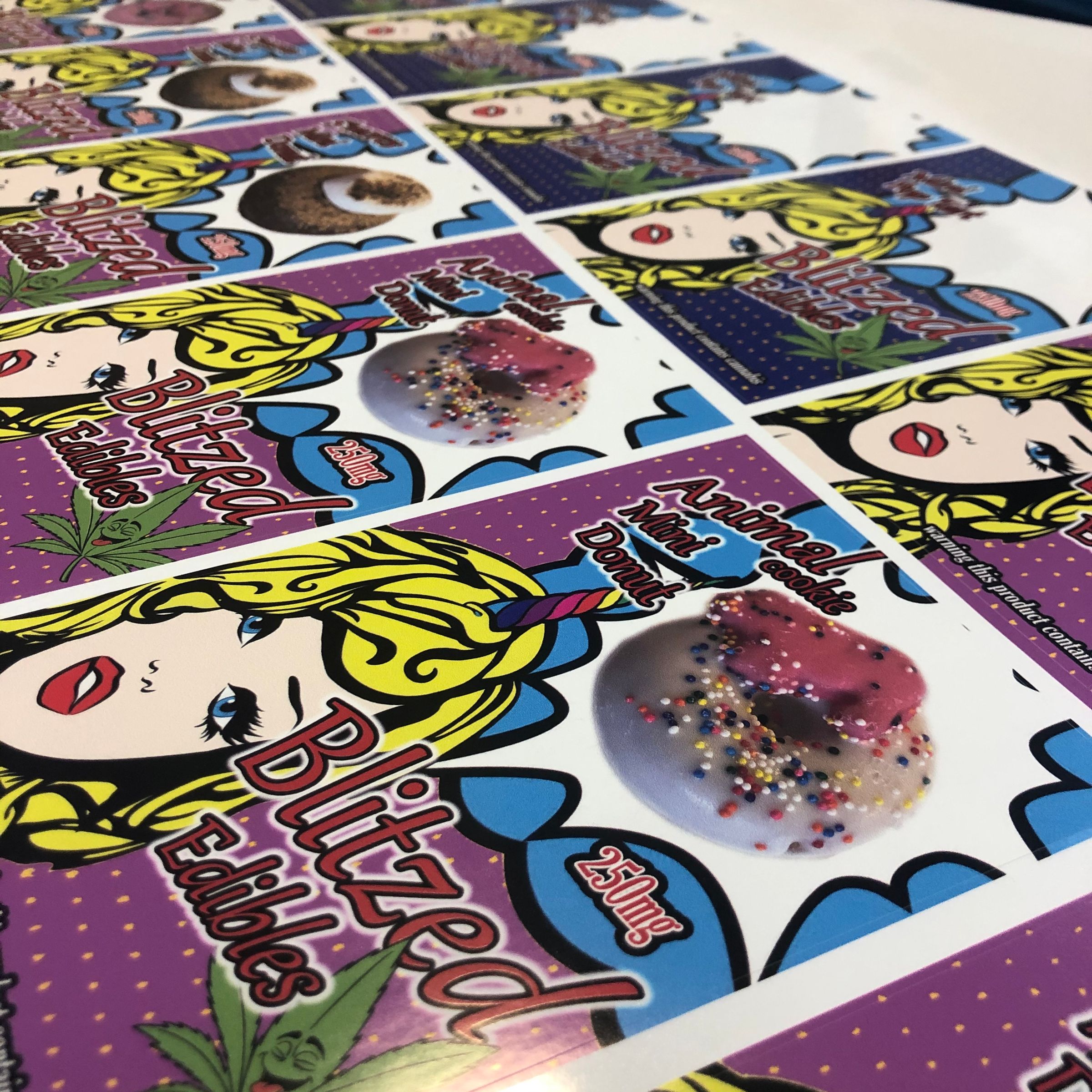 Full-color large format print of Blizzed Edibles label sheets