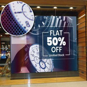 Storefront window with a full-color perforated vinyl decal