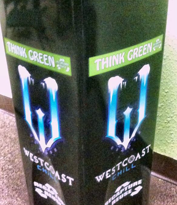 WestCoast Chill Energy Drink branded trash can with custom Think Green vinyl wrap, printed and installed by Graphics Design Media in Las Vegas